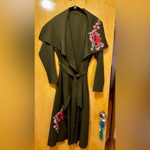 Olive green rose embroidered belted cardigan XL